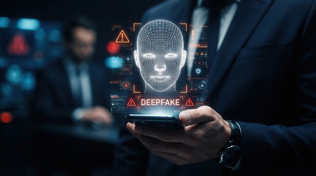 Deepfake technology concept showing facial recognition misuse and cybersecurity threats.