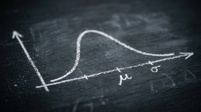 Hand-drawn statistical distribution curve on a black chalkboard texture.