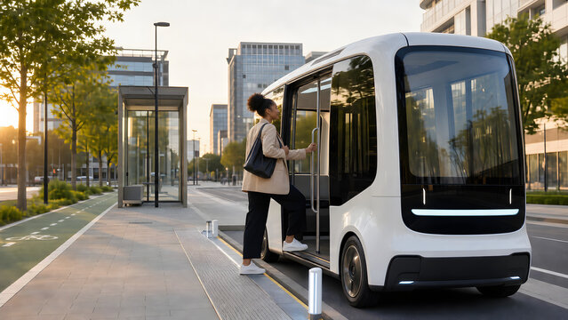 Commuter boarding an autonomous electric city shuttle
