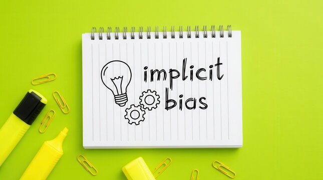 Implicit bias concept hand drawn on a spiral notebook with lightbulb and gear icons.