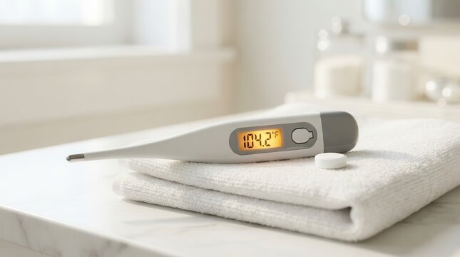 Digital thermometer displaying a high fever next to a white medical pill on a towel.