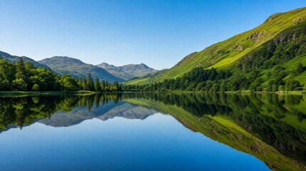 Obraz premium A calm mountain lake mirrors green hills, forests, and a clear blue sky, ideal for travel promotions, nature retreats, and outdoor wellness campaigns.