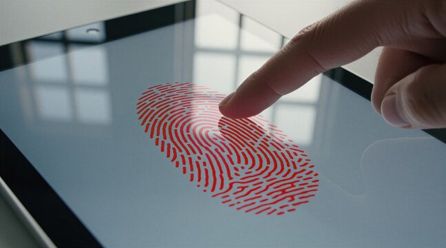 Finger touches tablet screen for biometric scan. Digital security verification uses fingerprint identification on modern device. Access granted via thumbprint authentication.