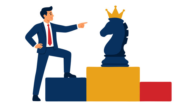 Ambitious businessman confidently pointing at a crowned chess knight standing triumphantly on a competition victory podium, symbolizing strategic business leadership, success and competitive dominance