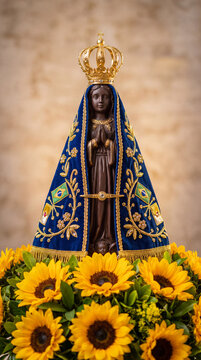 A beautiful religious statue of Our Lady of Aparecida, Patroness of Brazil, decorated with blue velvet and sunflowers, symbolizing faith and devotion.