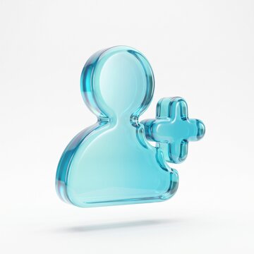 3D Glossy Blue Glass Add Friend Icon Isolated on White Background