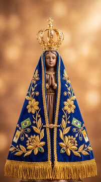 A beautiful, detailed statue of Our Lady of Aparecida, the patron saint of Brazil, wearing a blue embroidered robe with the Brazilian flag and a golden crown.