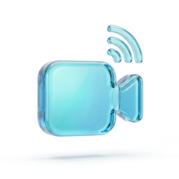 3D Glossy Blue Video Camera Icon with Signal Waves Isolated on White Background