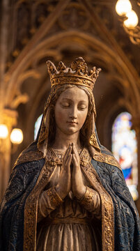 A serene close-up of a decorative statue of the Virgin Mary wearing a crown and blue robes, captured in a prayerful pose inside an ornate cathedral.