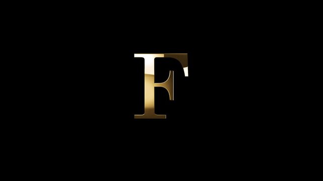 English alphabet letter F in gold style with gold particles, transparent background