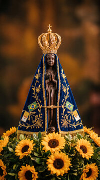 A beautiful religious statue of Our Lady of Aparecida, the patroness of Brazil, adorned with a blue velvet mantle and golden crown, surrounded by sunflowers.