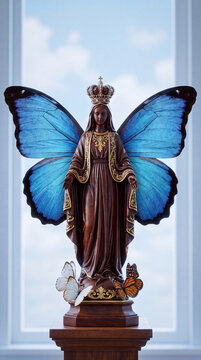 A serene wooden statue of the Virgin Mary, adorned with large, vibrant blue morpho butterfly wings and accompanied by smaller butterflies on a pedestal.
