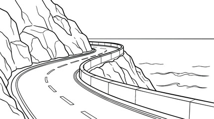 Obraz premium Curved coastal road along rocky cliffs in line drawing style black and white