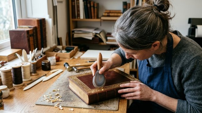A bookbinder restores a leather bound book with tools at a workbench.