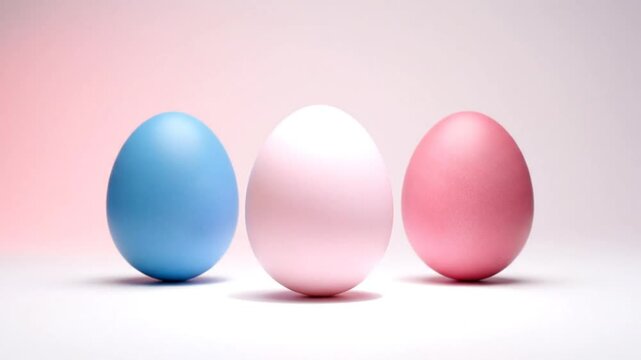Three colorful Easter eggs stand in a row with a subtle pink gradient backdrop for holiday and spring themes