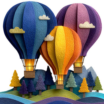 Handcrafted paper pop-up hot air balloons floating over stylized landscape with copy space
