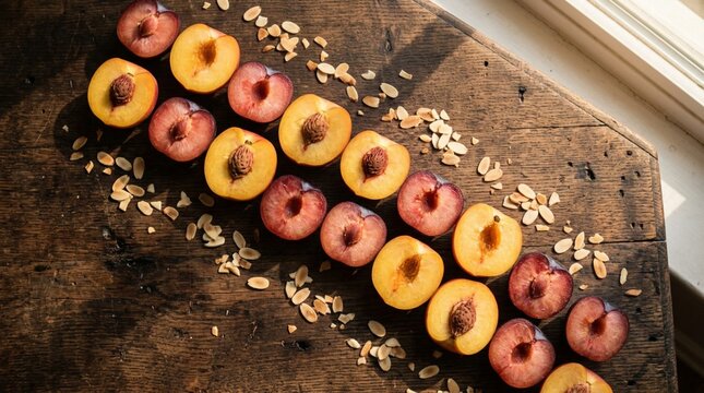 Halved yellow and red plums with pits and scattered sliced almonds on a rustic wooden table in window light, ideal for seasonal food, baking, or healthy recipe promotion.