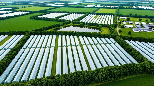 Aerial view of large farming polytunnel greenhouses in countryside. Green fields surround white plastic tunnel structures for organic vegetable growing. Rural landscape with agricultural plantation