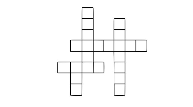 Hand-drawn vector crossword puzzle grid illustration featuring interconnected squares and cells for classic word games, brain teasers, puzzle entertainment, and educational leisure activities