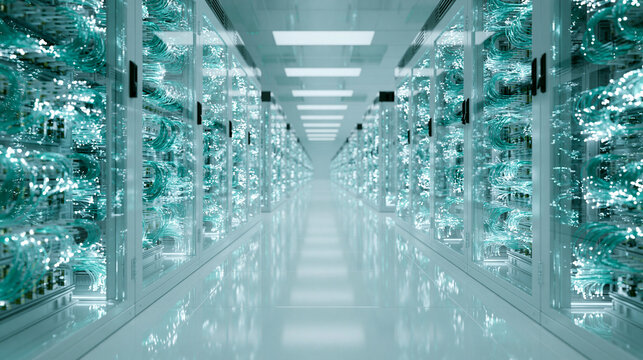 Data Center Server Room with Glowing Network Cables