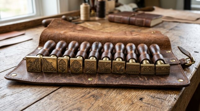 Ornate stamp blocks line up on a leather case.