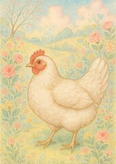 Obraz premium Whimsical chicken amidst floral scenery.