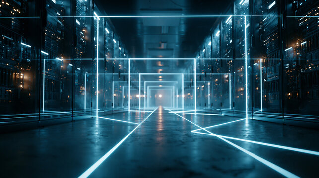 Neon Lit Digital Corridor with Glowing Geometric Frames