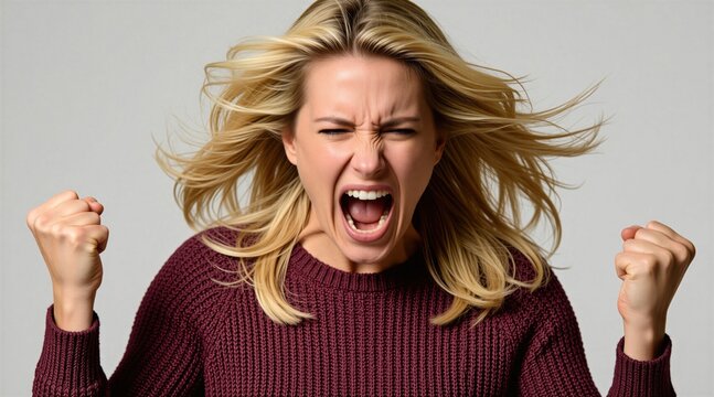 Blond woman screams in frustration, clenches fists, and shakes head in anger. Hair flies as she yells with eyes shut tightly, isolated on plain background.
