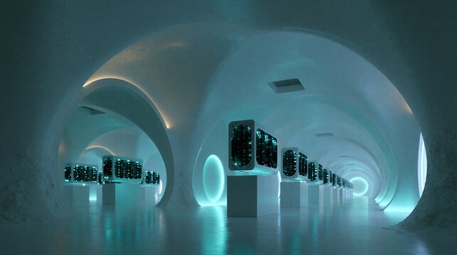 Server Room with Computer Hardware in Futuristic Data Center