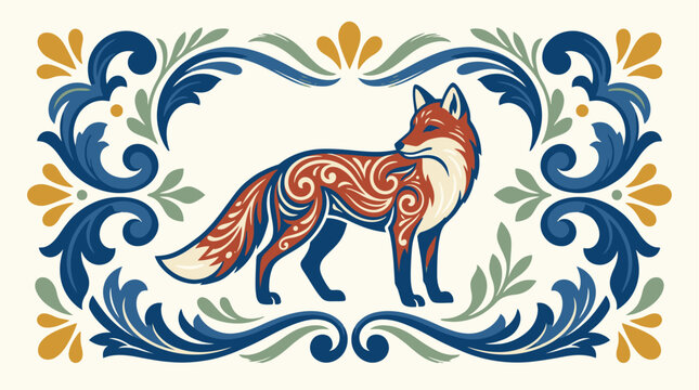 Folk art vector illustration of a decorated red fox standing inside a symmetric ornate border frame of acanthus scrolls and leaves in a traditional style