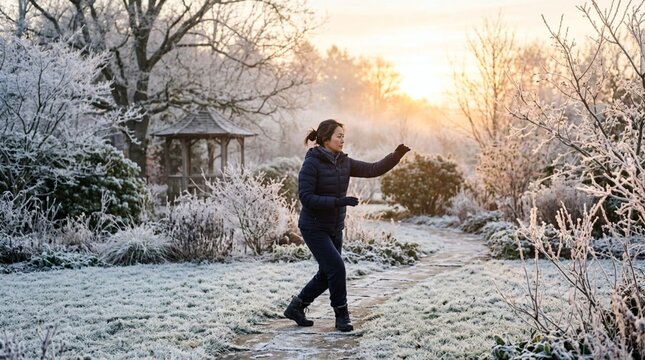 A woman in dark winter activewear walks and stretches on a frosty garden path at sunrise, suited for wellness, outdoor fitness, and seasonal lifestyle promotions.