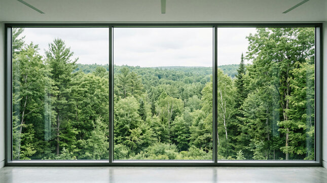 Panoramic floor to ceiling window in modern home interior overlooking lush green forest landscape. Architectural design with expansive glass view for luxury living and nature connection.