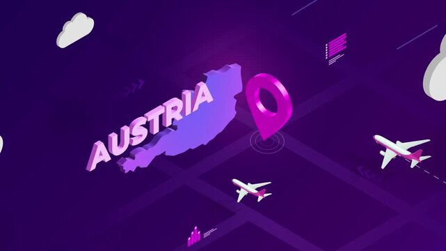 Isometric Design, Austria Map Silhouette Location Pin and Airplanes on Purple Animation, Travel Background