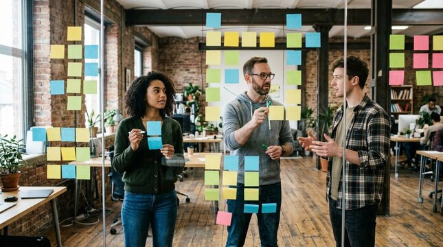 A diverse creative team discusses colorful sticky notes on a glass wall in a modern brick office, useful for teamwork, planning, and agile project marketing.