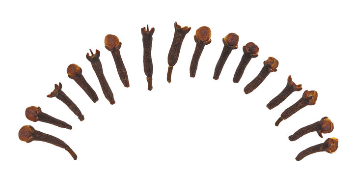 Set dry cloves pile flying, Syzygium aromaticum, whole isolated on white background, clipping path, macro, transparency