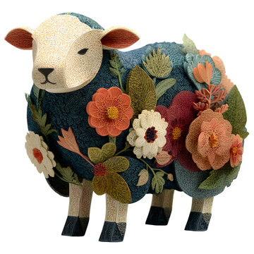 Handcrafted textile sheep sculpture adorned with floral embroidery for creative decor and textile design projects