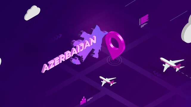 Isometric Design, Azerbaijan Map Silhouette Location Pin and Airplanes on Purple Animation, Travel Background