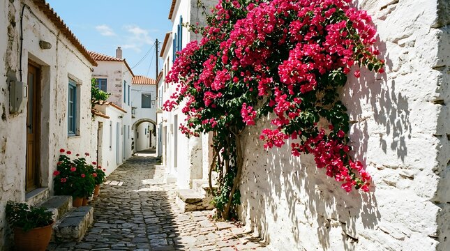 A sunlit cobblestone lane lined with whitewashed Mediterranean houses and vivid bougainvillea offers inviting scenery for travel brochures and vacation marketing.