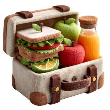 Handcrafted wooden lunchbox filled with fresh sandwich, fruit, and juice for healthy meal prep
