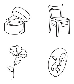 Butoh Performance Art Minimalist Vector Icon Set with Editable Stroke: Featuring Theater Mask, Makeup Jar, Wooden Chair, and Single Flower in Continuous Line Art Style for Creative Design.