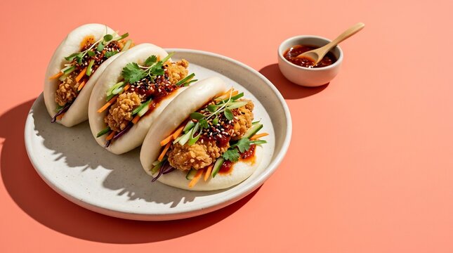Three steamed bao buns with crispy fried chicken, fresh vegetables, and sesame glaze on a white plate over peach background