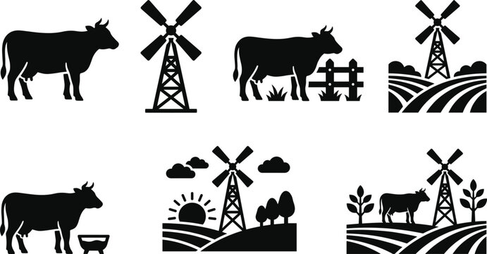 Set of eight black farm icons featuring cows, windmills, fields, and sunrise in silhouette.
