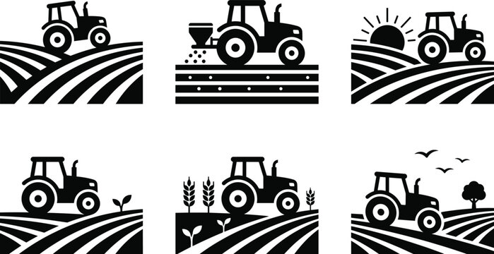 Black and white icons set illustrating tractors working on farm fields with crops and sunrise