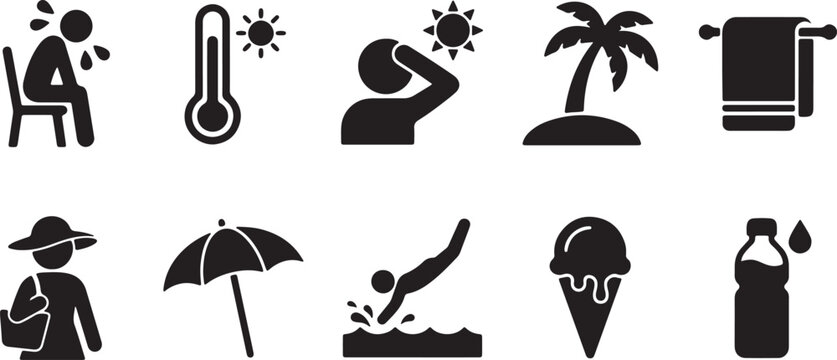 Summer vacation icon set black color, person suffering from heat stroke thermometer with high temperature sun with rays sweating person.