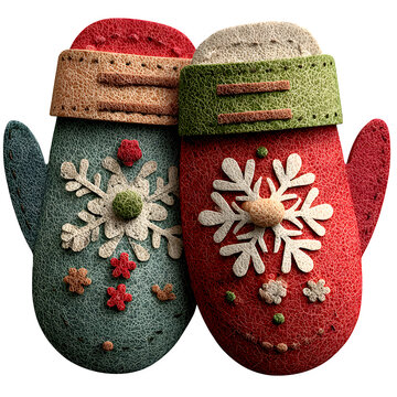Handcrafted felt mittens with snowflake embroidery displayed against neutral background