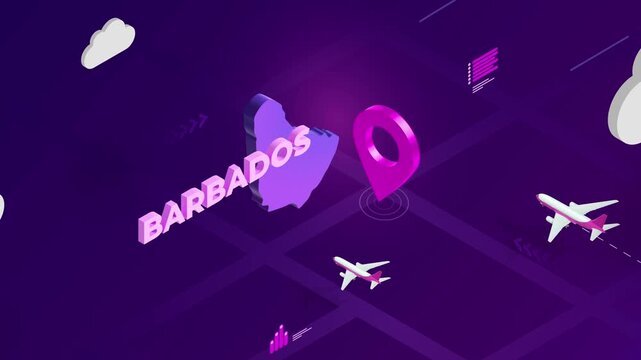 Isometric Design, Barbados Map Silhouette Location Pin and Airplanes on Purple Animation, Travel Background