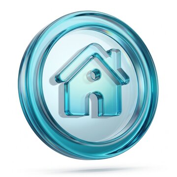 3D Glossy Blue Glass Home Icon Button Isolated on White Background