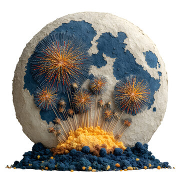 Handcrafted paper pop-up moon sculpture with explosion details for creative education projects
