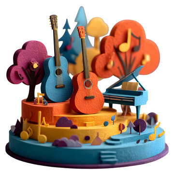 Handcrafted paper pop-up music scene with instruments and landscape for creative children's decor