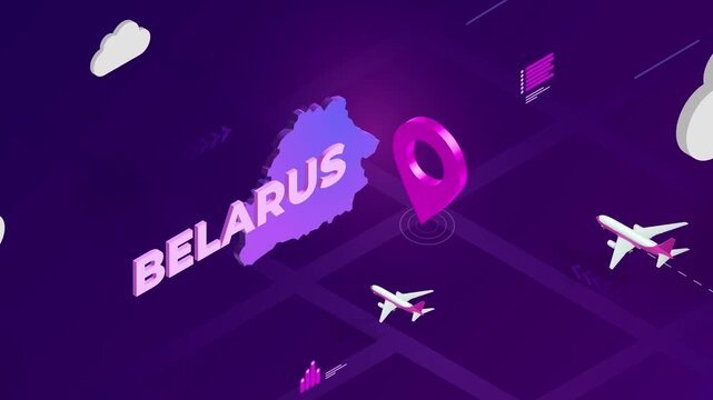 Isometric Design, Belarus Map Silhouette Location Pin and Airplanes on Purple Animation, Travel Background